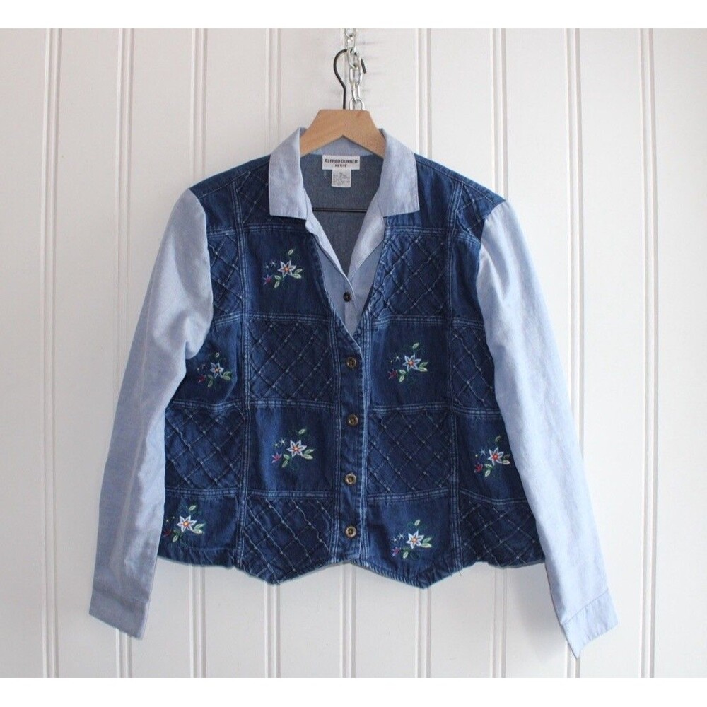 Vintage Alfred Dunner Quilted Denim‎ Jacket Floral Embroidery Cottagecore Sz L P